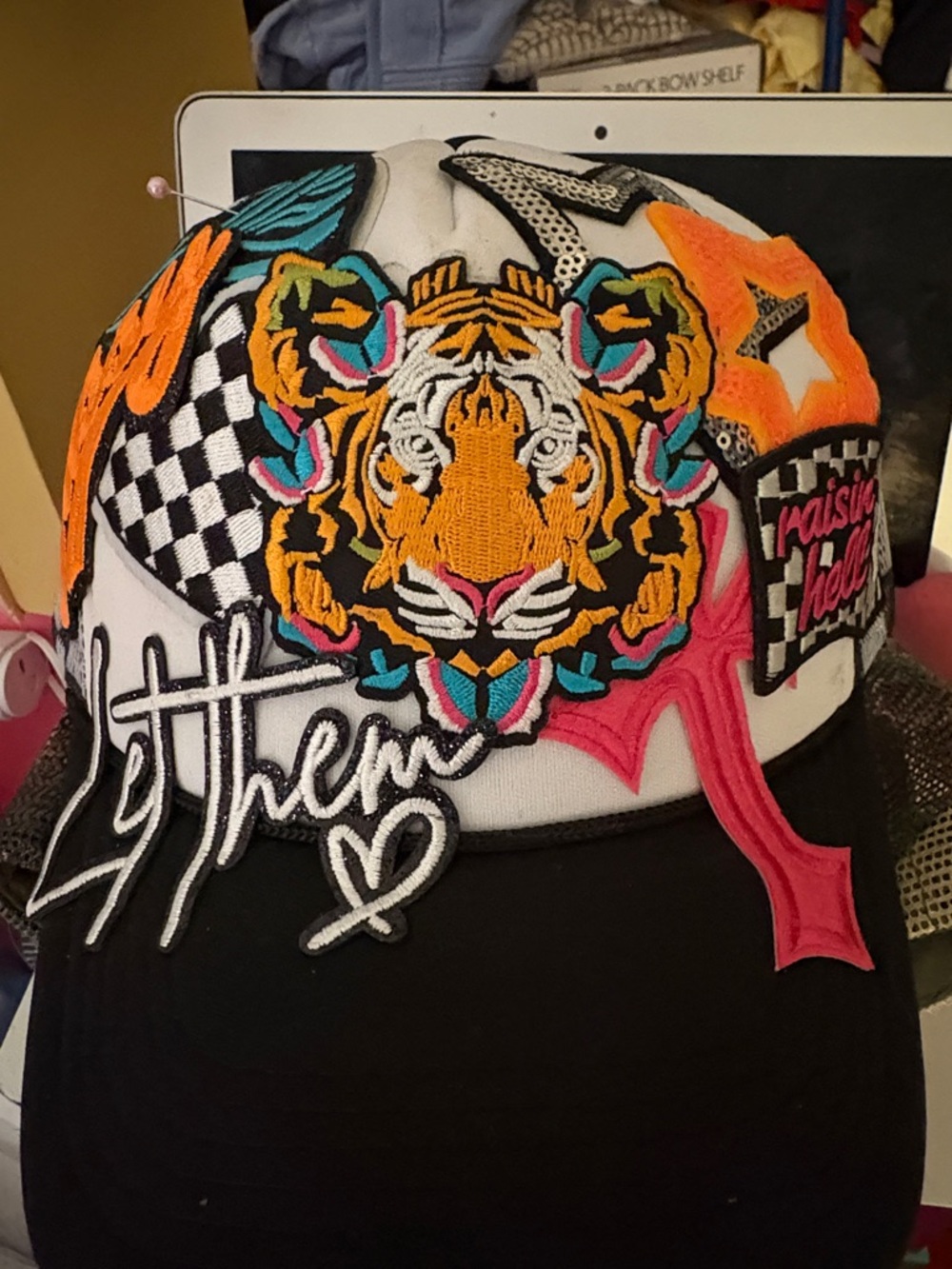 Hand Crafted White and Black Patchwork Tiger Trucker Hat with Orange Accents